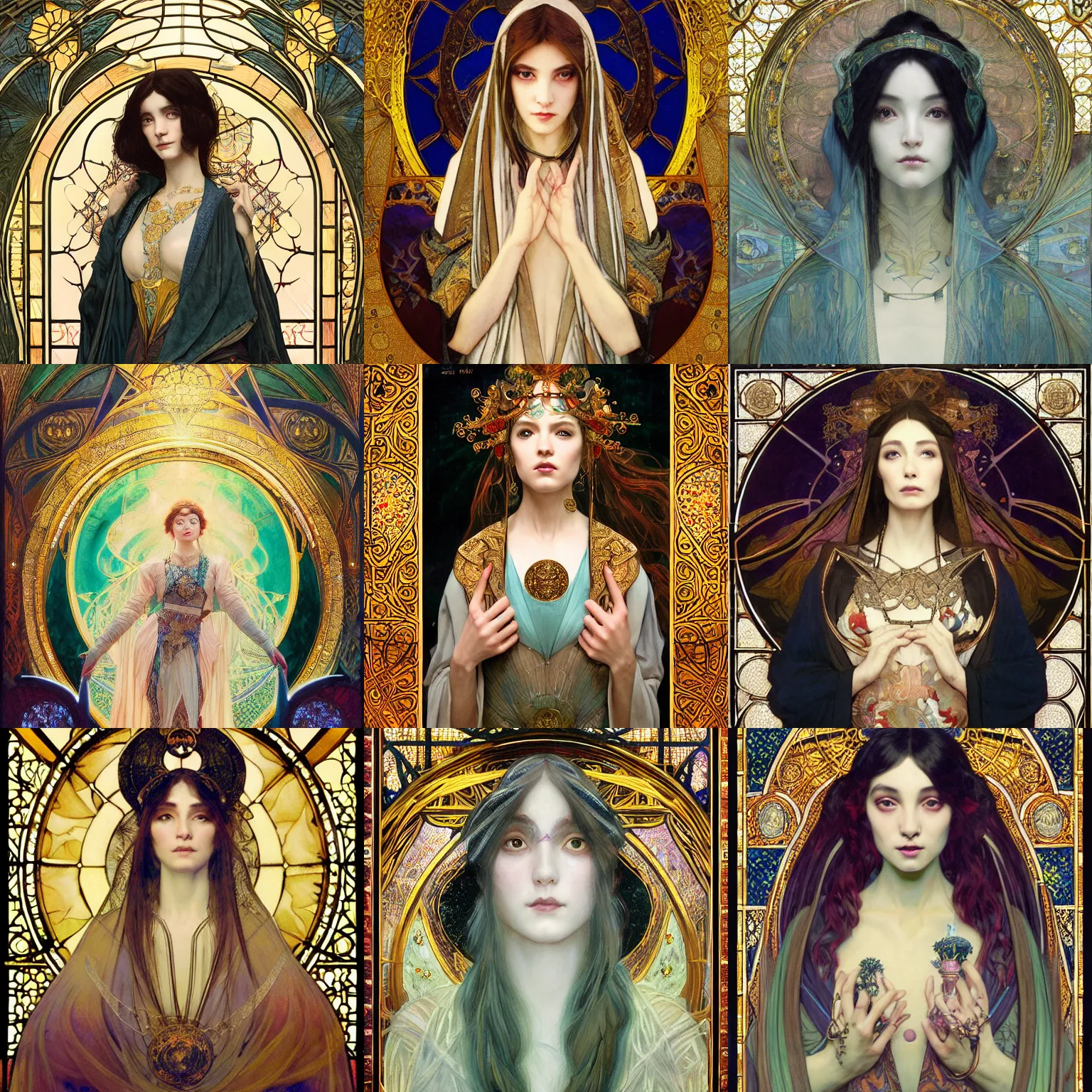 Prompt: masterpiece head-on symmetrical centered painted portrait, Mais Hamdan as a D&D wizard, ornate robes, glowing stained glass backdrop, elegant, in the style of Ruan Jia and Edgar Maxence and Ross Tran and Alphonse Mucha and Ayami Kojima and Charlie Bowater and Greg Rutkowski and Karol Bak and Jean Delville, Art Nouveau, Pre-Raphaelite, Neo-Gothic, 8k, specular highlights, octane render