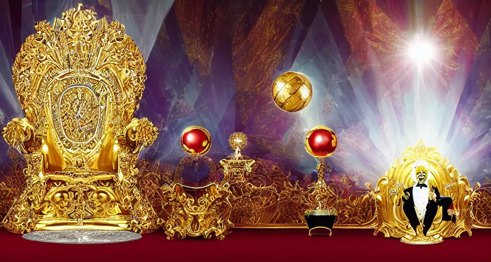 Image similar to shining majestic throne made of millions of diamonds, gold and zaphires with thousands of light reflections, and a clown on a tuxedo suit is sitting on the throne while handing a golden globe, cartoon style, dramatic light