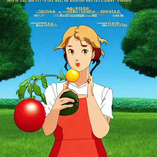 Prompt: a movie poster of a pretty woman holding a tomato in the style of ghibli