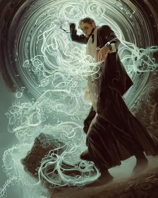 Image similar to a highly detailed portrait of devious male magician radiating a powerful energy aura, ornate back tuxedo, wispy tendrils of smoke, swirling vortex of energy, performance art, intricate, digital painting, old english, raining, sepia, particles floating, whimsical background by marc simonetti, digital art by artgerm and greg rutkowski and alphonse mucha