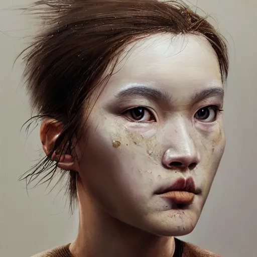 Image similar to hyperrealistic mixed media painting by thomas eakes and xiang duan, perfect facial symmetry, dim volumetric lighting, 8 k octane beautifully detailed render, post - processing, portrait, extremely hyper - detailed, intricate, epic composition, brown eyes, highly detailed eyes, realistic eyes, cinematic lighting, masterpiece, trending on artstation, very very detailed, masterpiece, stunning,