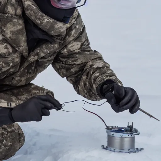 Image similar to filmic extreme close up shot movie still 4 k uhd interior 3 5 mm film color photograph of a scientist attacking a camouflaged solder in a lab in antarctica by grabbing him with his claw