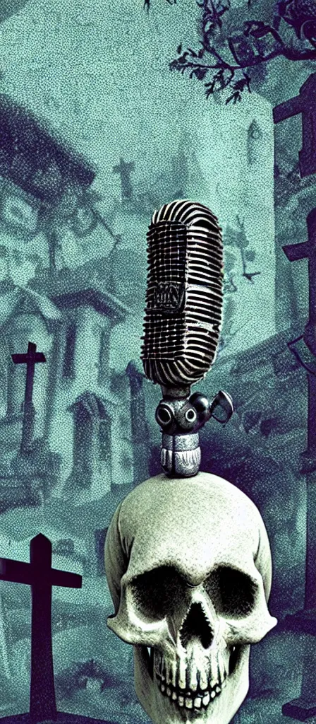 Image similar to an closeup astatic d 1 0 4 microphone with a detailed matte painting of a muted skullpunk vaporwave ombre. a small creepy garden at night with cross - shaped tombstone and pumpkins. detailed with strong clean lines.