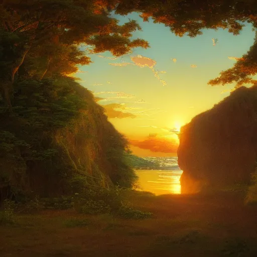 Image similar to a sunset by frederick waugh, cinematic angle, studio Ghibli and Thomas Cole vibe, bold, beautiful composition, intricate, digital art, detailed oil painting, hyperrealistic, sharp focus, 8k