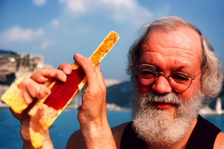 Prompt: A Martin Parr closeup portrait of Socrates eating a hemlock popsicle at the last pool party he will ever attend, a large cloud of fire engulfs him, the acropolis can be seen in the background, in the style of Martin Parr The Last Resort, ring flash closeup photograph