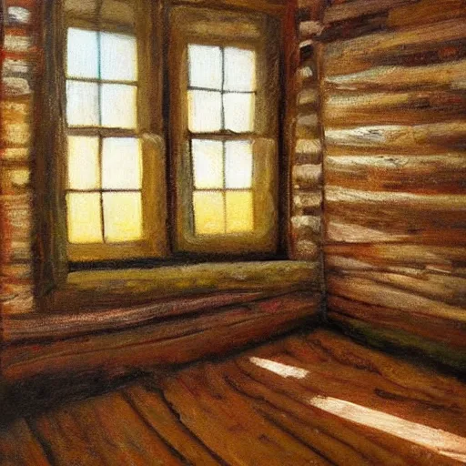 Prompt: oil painting of mostly empty cottage interior, one small window with sunlight shining onto the floor. artistic. cozy. wooden floor. rustic. solace.