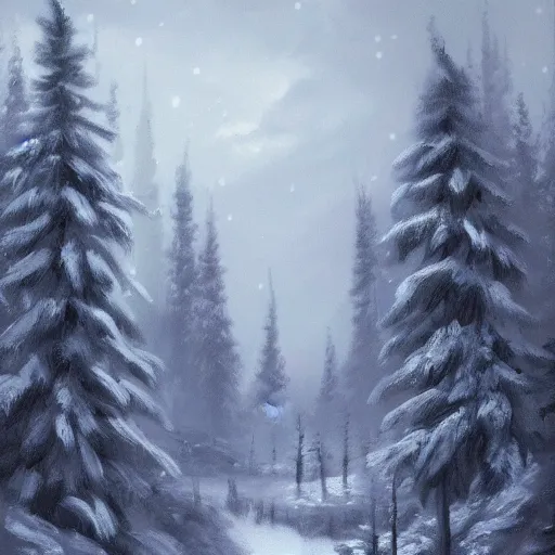 Prompt: winter wonderland, fantasy, white color pallet, campfire, forest trees covered in snow, extremely detailed, by bob ross, falling snow, trending on artstation, 8 k