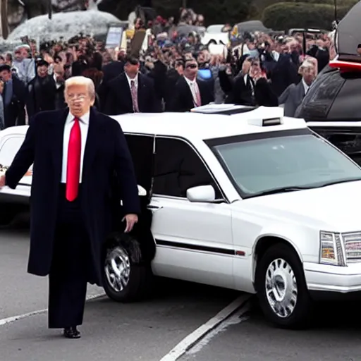 Image similar to Donald Trump driving a hearse with Ted Cruz getting arrested and put in the back