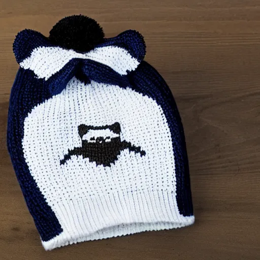 Prompt: a knitted hat shaped like a raccoon, very detailed, product photo