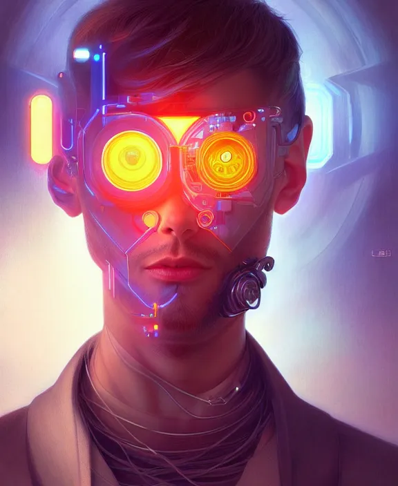 Image similar to a whirlwind inside the metaverse, guy, male, man, hologram, half body, neurochip, android, cyborg, cyberpunk face, by loish, d & d, fantasy, intricate, elegant, highly detailed, colorful, digital painting, artstation, concept art, art by artgerm and greg rutkowski and alphonse mucha