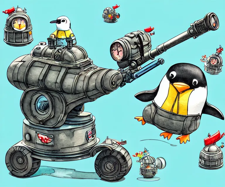 Image similar to cute and funny, penguin wearing a helmet riding in a tiny tank with a large cannon, ratfink style by ed roth, centered award winning watercolor pen illustration, isometric illustration by chihiro iwasaki, edited by range murata, tiny details by artgerm and watercolor girl, symmetrically isometrically centered, sharply focused