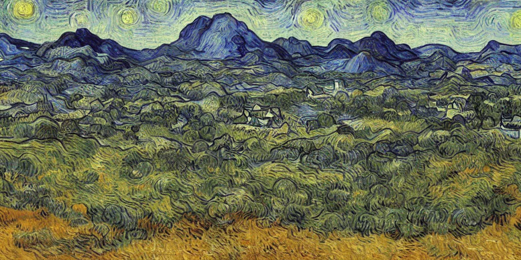 Prompt: A landscape painting of Morrowind\'s Vvardenfell district by Van Gogh (1884)