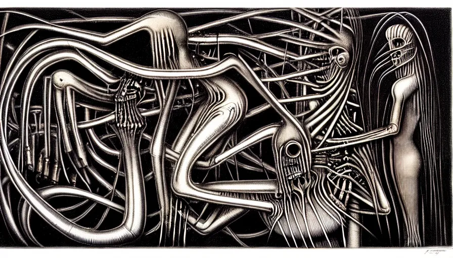 Image similar to the two complementary forces that make up all aspects and phenomena of life, by HR Giger