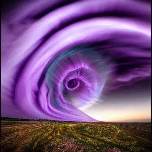 Prompt: amazing photo of a purple tornado in the shape of a vortex by marc adamus, digital art, beautiful dramatic lighting