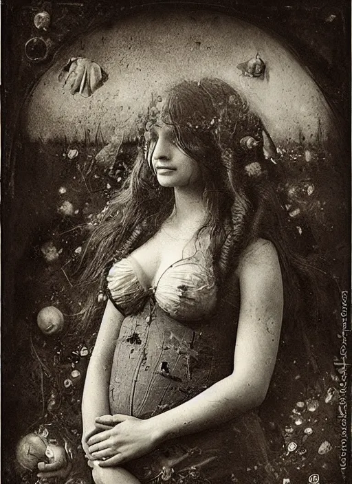 Prompt: old wetplate daguerreotype birth of venus in times of cholera, fractal, intricate, elegant, highly detailed, parallax, leica, medium format, subsurface scattering, by jheronimus bosch and greg rutkowski and louis jacques mande daguerre