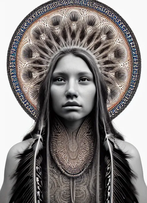 Prompt: ridiculously beautiful young native american woman thinking by irakli nadar, several layers of intricate sacred geometry, orgasm, cosmic, natural, awakening, symmetrical, in the style of ernst haeckel and alex grey, intricate woven doily, feather, warm, photo realistic, epic and cinematic