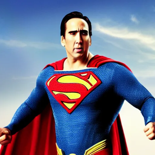 Prompt: Nicholas cage as superman with long hair, movie still, 4k