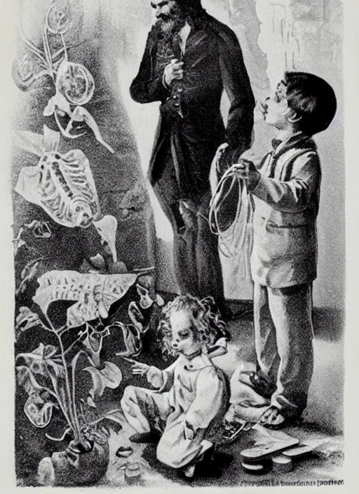 Image similar to vintage pharamaceutical magazine advertisement depicting charles manson feeding pills to children, by ernst haeckel