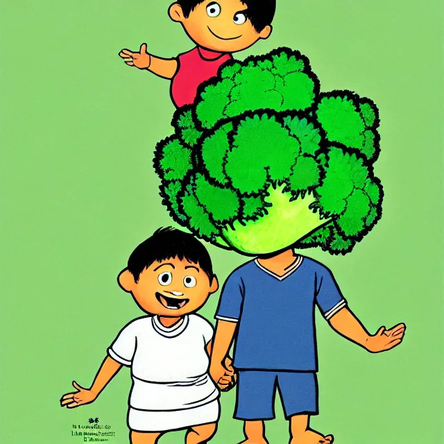 Prompt: epic professional kids book illustration of an East Indian toddler boy walking beside a friendly anthropomorphic broccoli, best on artstation, Behance, , astonishing, impressive, outstanding, epic, cinematic, stunning, gorgeous, masterpiece by Maurice Sendak and Bill Peet.