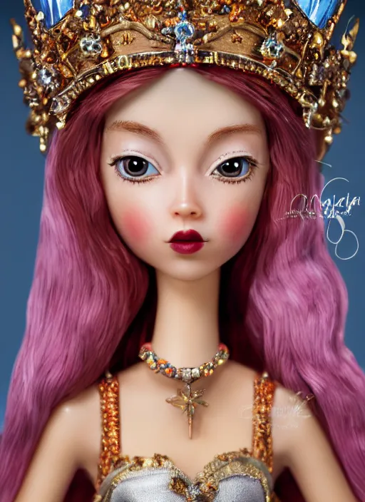 Image similar to closeup face profile portrait of tin toy fairytale princess wearing a crown, bikini, depth of field, zeiss lens, detailed, symmetrical, centered, fashion photoshoot, by nicoletta ceccoli, mark ryden, lostfish, breathtaking, 8 k resolution, extremely detailed, beautiful, establishing shot, artistic, hyperrealistic, octane render