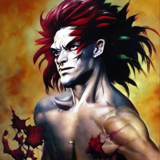 Image similar to ultra realistic painting of hisoka, art by frank frazetta, 4 k, ultra realistic, highly detailed, epic lighting