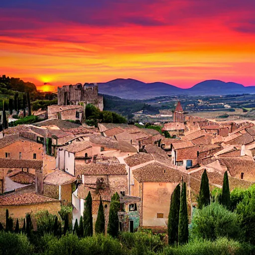 Prompt: A vibrant photograph of a medieval village in Southern France, extreme wide shot, sunset photo at golden hour.