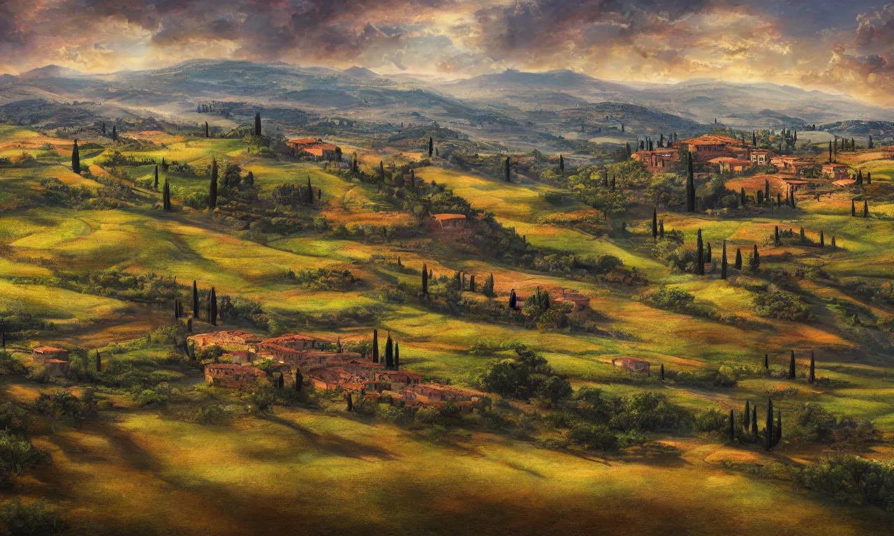 Prompt: Tuscan Countryside painted by Paolo Anesi, vivid colors, high details, cinematic, 8k resolution, beautiful detailed, photorealistic, digital painting, dark atmosphere, artstation, concept art, smooth, sharp focus, illustration, fantasy background, artstation trending, octane render, unreal engine