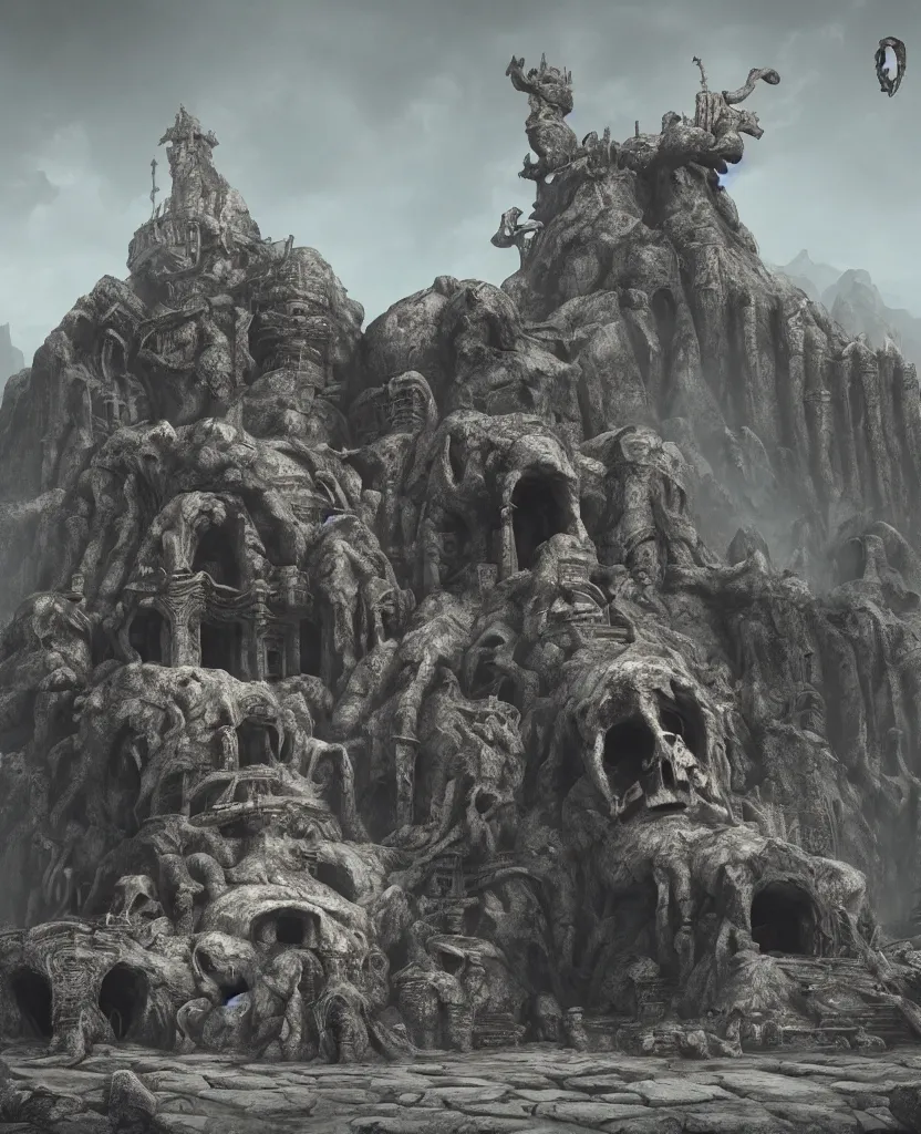 Image similar to lost temple on the mountain made of a huge skull by zdzisław beksinski and gothic style, unreal engine 5, hyper - realistic, octane render, daylight