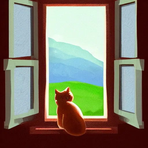 Image similar to a beautiful landscape through a window, cat sitting on the edge of thethe window, illustration, digital art, trending on artstation, no signature