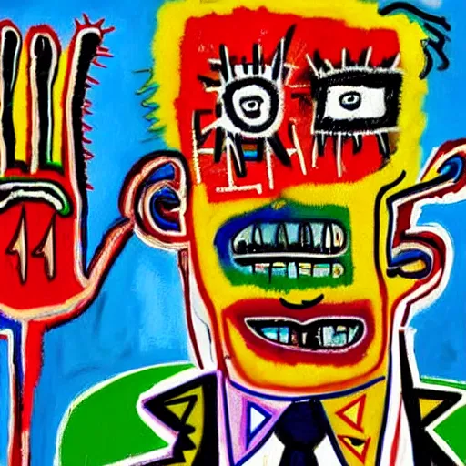 Image similar to colorful odd colors detailed neo expressionism chaotic oil painting of sad boy business man depressed with tattoos by basquiat