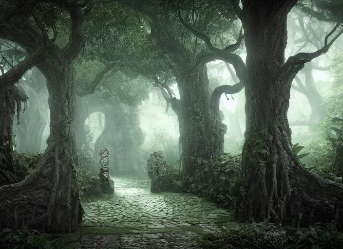 Prompt: secret garden, pathway, scary monster statues, in the style of pan's labyrinth movie, spooky, very dark, concept art, unreal engine 5, matte painting, artstation, caspar friedrich