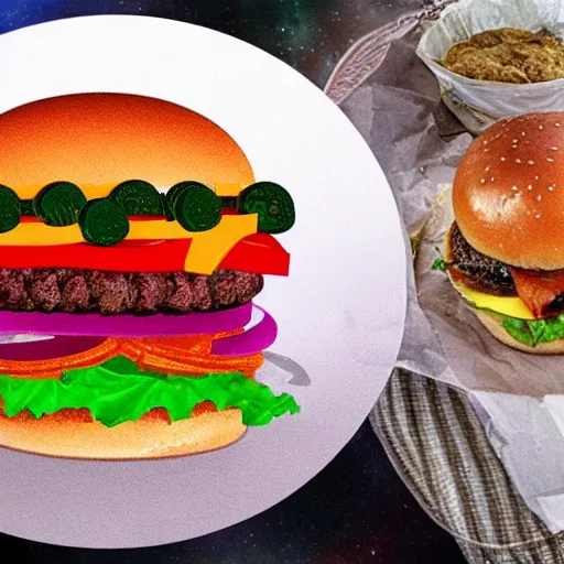 Prompt: a hamburger in the galaxy with solar system sauce