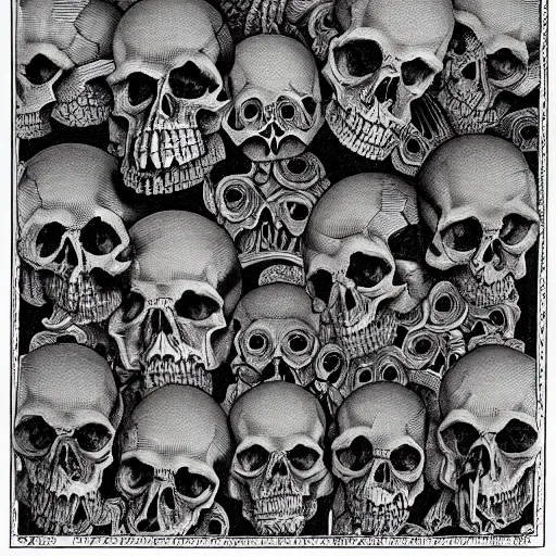 Image similar to skulls, hyperbolic tesselation by mc escher and jamnitzer and gustave dore