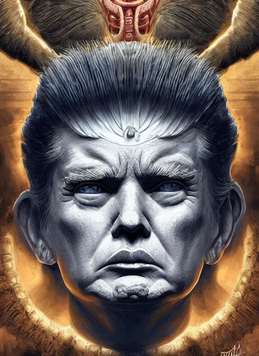 Image similar to digital _ painting _ of _ donald trump, mayan god of death _ by _ filipe _ pagliuso _ and _ justin _ gerard _ symmetric _ fantasy _ highly _ detailed _ realistic _ intricate _ port