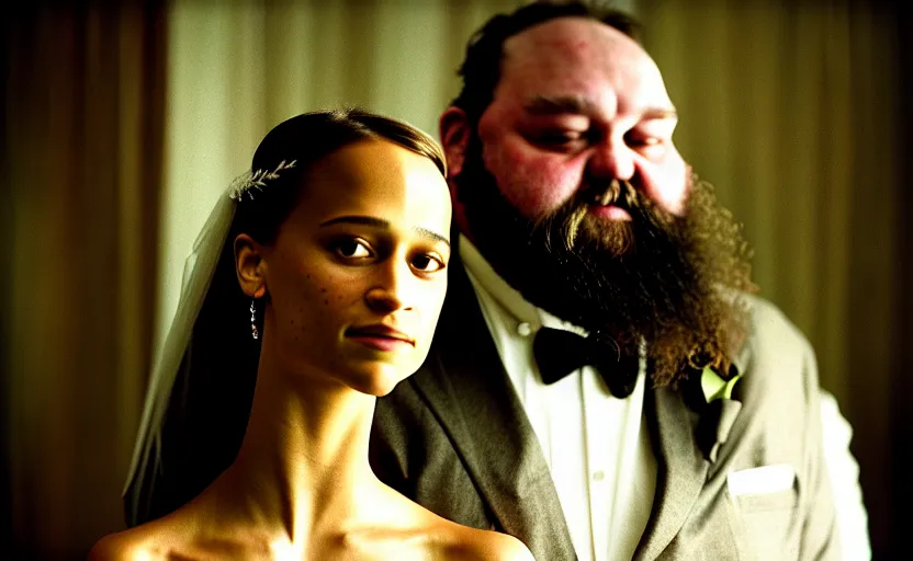 Prompt: movie still close-up portrait of skinny Alicia Vikander in a wedding dress embracing a morbidly obese bearded groom, by David Bailey, Cinestill 800t 50mm eastmancolor, heavy grainy picture, very detailed, high quality, 4k, HD criterion, precise texture and facial expression