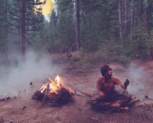 Prompt: spartan drinking tea at campfire with trichocereus background and smoke haze, wolf howling at full moon, photo in the style of the celestine prophecy