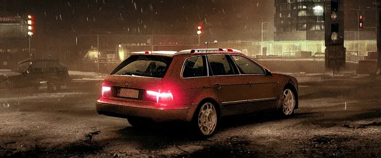 Image similar to Audi A4 B6 Avant (2002), a gritty neo-noir, dramatic lighting, cinematic, eerie person, death, homicide, homicide in the snow, viscera splattered, gunshots, bullet holes, establishing shot, extremely high detail, photorealistic, arson, cinematic lighting, artstation, by simon stalenhag, Max Payne (PC) (2001) winter New York at night, In the style of Max Payne 1 graphic novel, flashing lights, Poets of the Fall - Late Goodbye