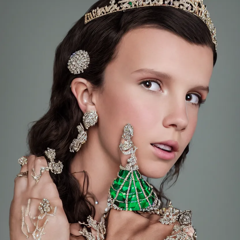 Prompt: millie bobby brown as queen, big crown adorned with emerald, diamonds, topaz and other jewellaries, sensual, beautiful soft light failling on her face, studio photography, nikon 3 5 mm portrait photography, ultra realistic
