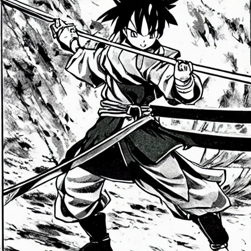 Prompt: young swordsman, illustrated by mato and ken sugimori and akira toriyama, manga, black and white illustration