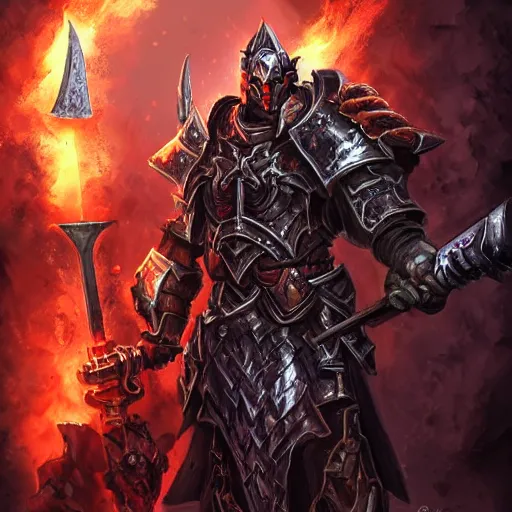 Image similar to Ares with heavy armor and sword, dark sword in Ares's hand, war theme, bloodbath battlefield, fiery battle coloring, hearthstone art style, epic fantasy style art, fantasy epic digital art, epic fantasy card game art