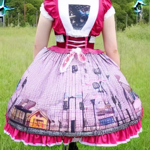 Image similar to A themed lolita dress ; the fabric has pictures of solar panels and windmills on it. A beautiful lolita dress, Angelic Pretty