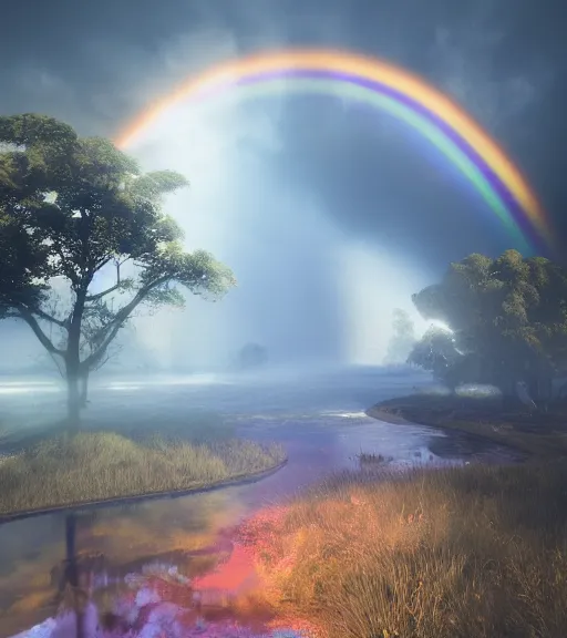 Prompt: celestial crosshairs across the land and sky, majestic light, octane render, beauty fog, ethereal glare of the sun, raining rainbow, volumetric lighting, hyperealistic, epic, masterpiece