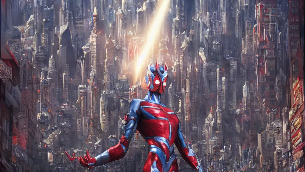 Prompt: ULTRAMAN standing in a city, fantasy artwork, award winning, mid-shot, hyper detailed, very very very beautiful!, studio lighting, artstation