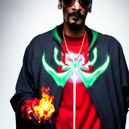 Image similar to Snoop Dogg starring as a futuristic Marvel Super Hero holding green fire for a 2019 Marvel Movie, Studio Photograph, portrait C 12.0