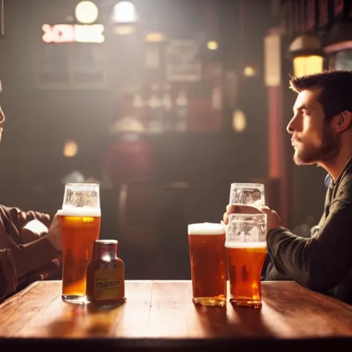 Prompt: cinematic scene with attractive male and another attractive male, drinking their hearts out, in the pub, high definition, very detailed, volumetric lighting, still frame