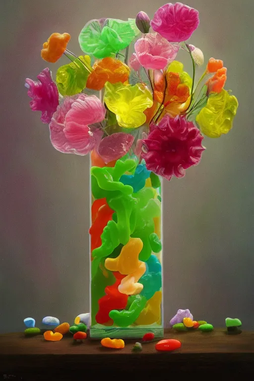 Prompt: painting of gummy flowers in a vase on a table, a surrealist painting by rachel ruysch, trending on deviantart, pop surrealism, surrealist, biomorphic, made of gummy bears flowers and jelly beans flowers, translucent gummy glowing texture