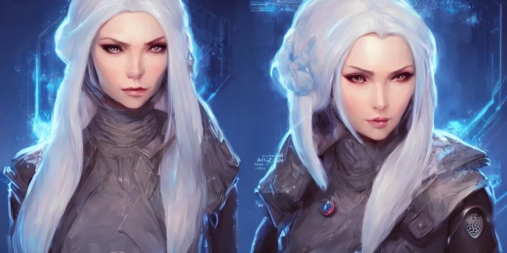 Image similar to concept art of an icy russian female netrunner d & d video game characters head designs, unique hair designs, by marc brunet and artgerm