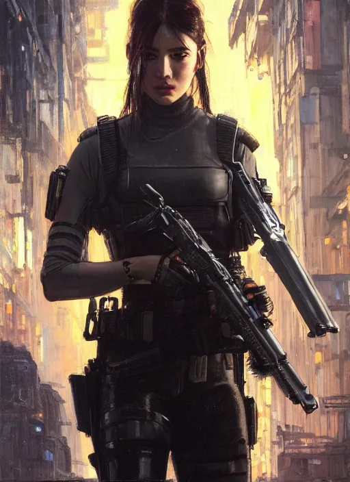 Image similar to 👩🏻🎤. cyberpunk police trooper in a military vest ( blade runner 2 0 4 9, cyberpunk 2 0 7 7 ). orientalist portrait by john william waterhouse and james gurney and theodore ralli and nasreddine dinet, oil on canvas. cinematic, hyper realism, realistic proportions, dramatic lighting, high detail 4 k