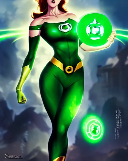 Image similar to pinup photo of female green lantern from justice league in the crowded square of the city, asuna by a - 1 pictures, by by greg rutkowski, artgerm, gil elvgren, enoch bolles, glossy skin, pearlescent, anime, very coherent, sao style anime, flat