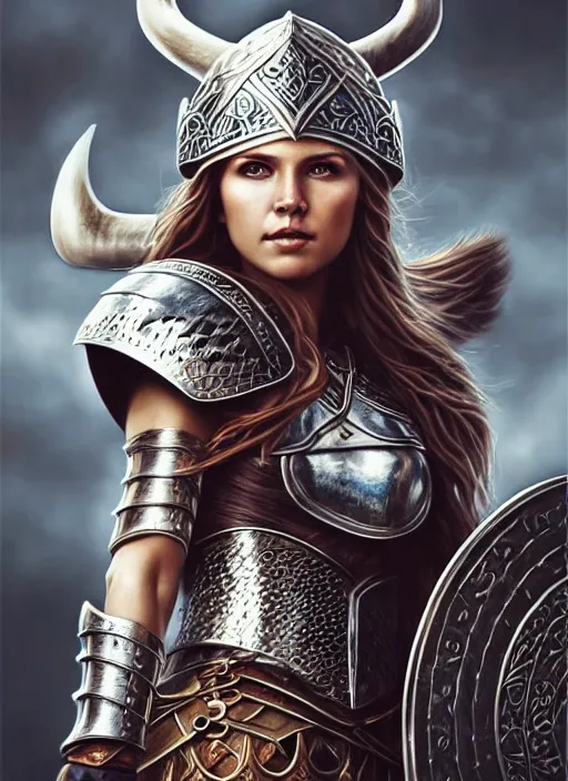 Image similar to photo of a gorgeous viking queen in armor in the style of stefan kostic, realistic, sharp focus, 8 k high definition, insanely detailed, intricate, elegant, art by stanley lau and artgerm